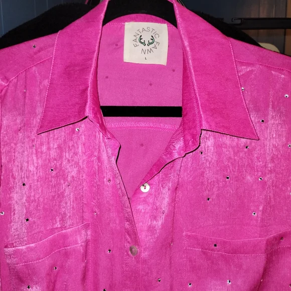 Rhinestone Pink Satin Shirt Dress - Picture 4 of 4
